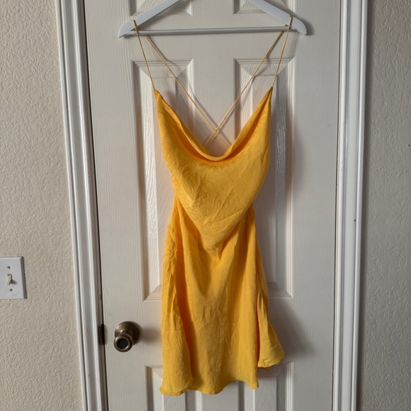 Zara Dresses & Skirts - Zara Yellow Satin Mini Dress Size M Strappy Back Cowl Neck Slip Dress